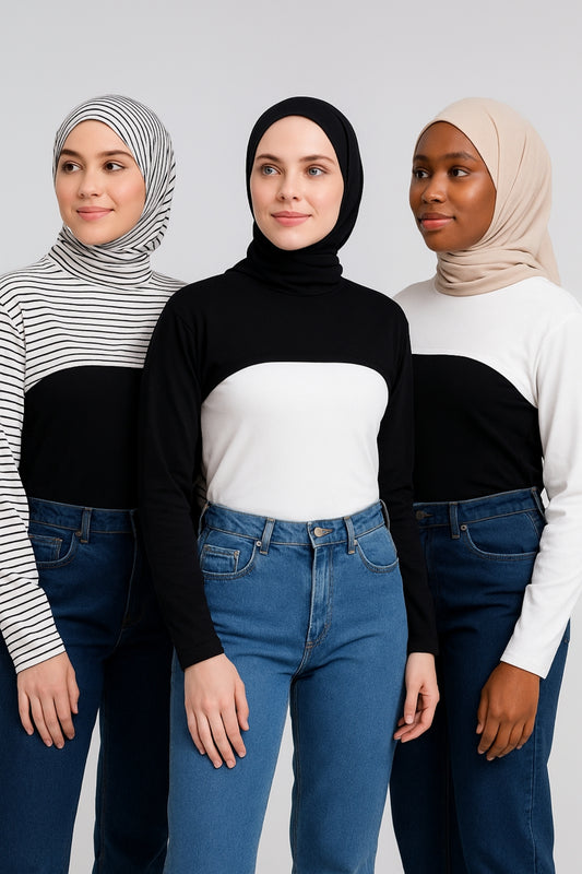 3'lü Set Dik Yaka Boyunluklu Kolluk - Beyaz Çizgili, Siyah, Beyaz