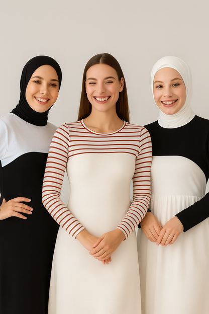 3'lü Set Bisiklet Yaka Boyunluklu Kolluk - Beyaz, Siyah ve Bordo Çizgili