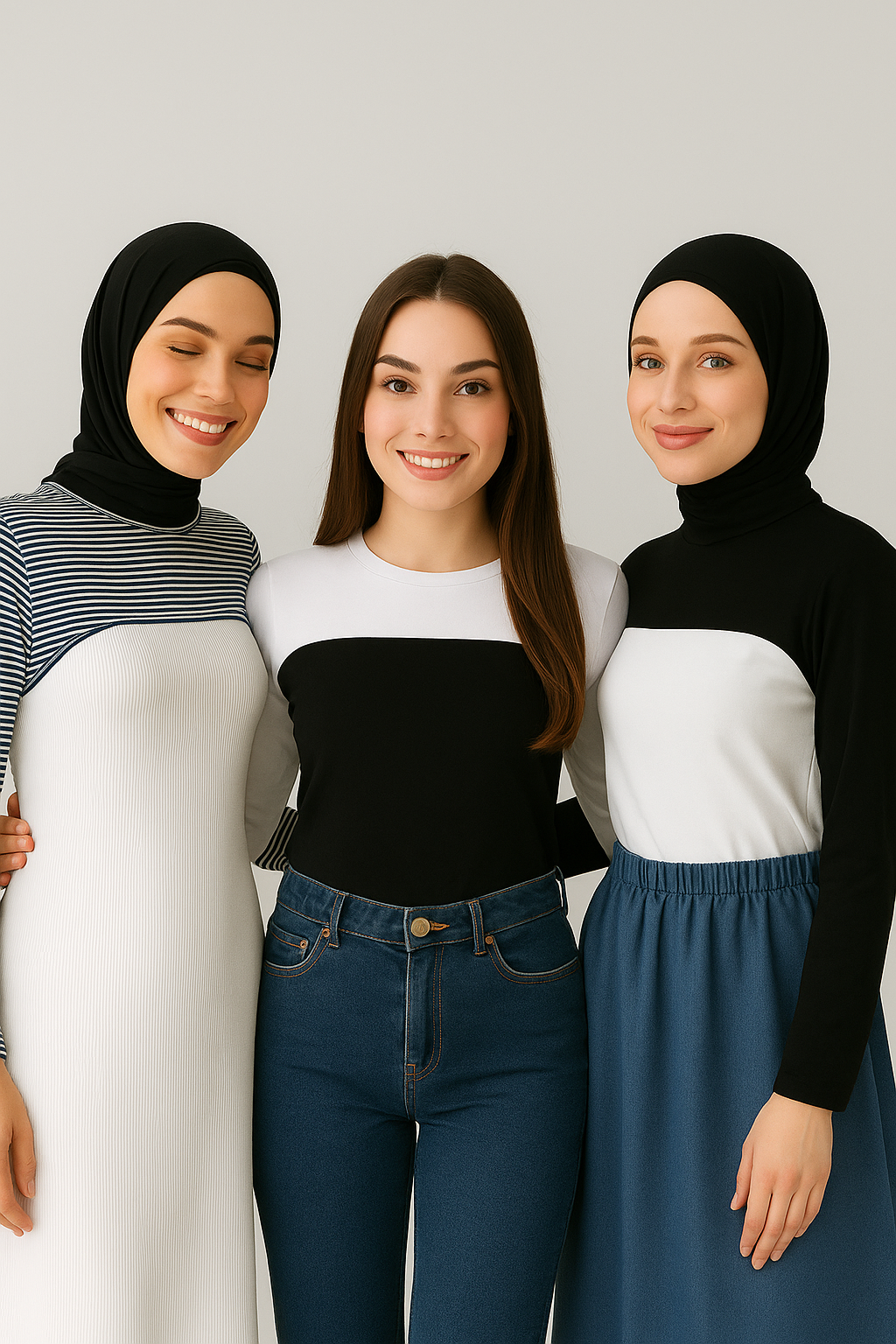 Tesettür boyunluk ve kolluk kombinasyonu ile modern kadın stili, siyah ve beyaz penye uzun kolluk modelleri