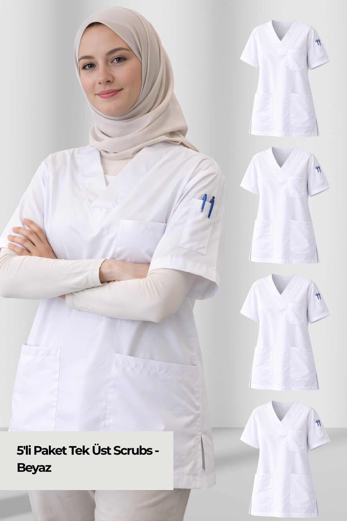 Kadın Scrubs Üst Forma Seti 5’li Paket | 4 Cepli Medikal Üst | Rahat ve Dayanıklı
