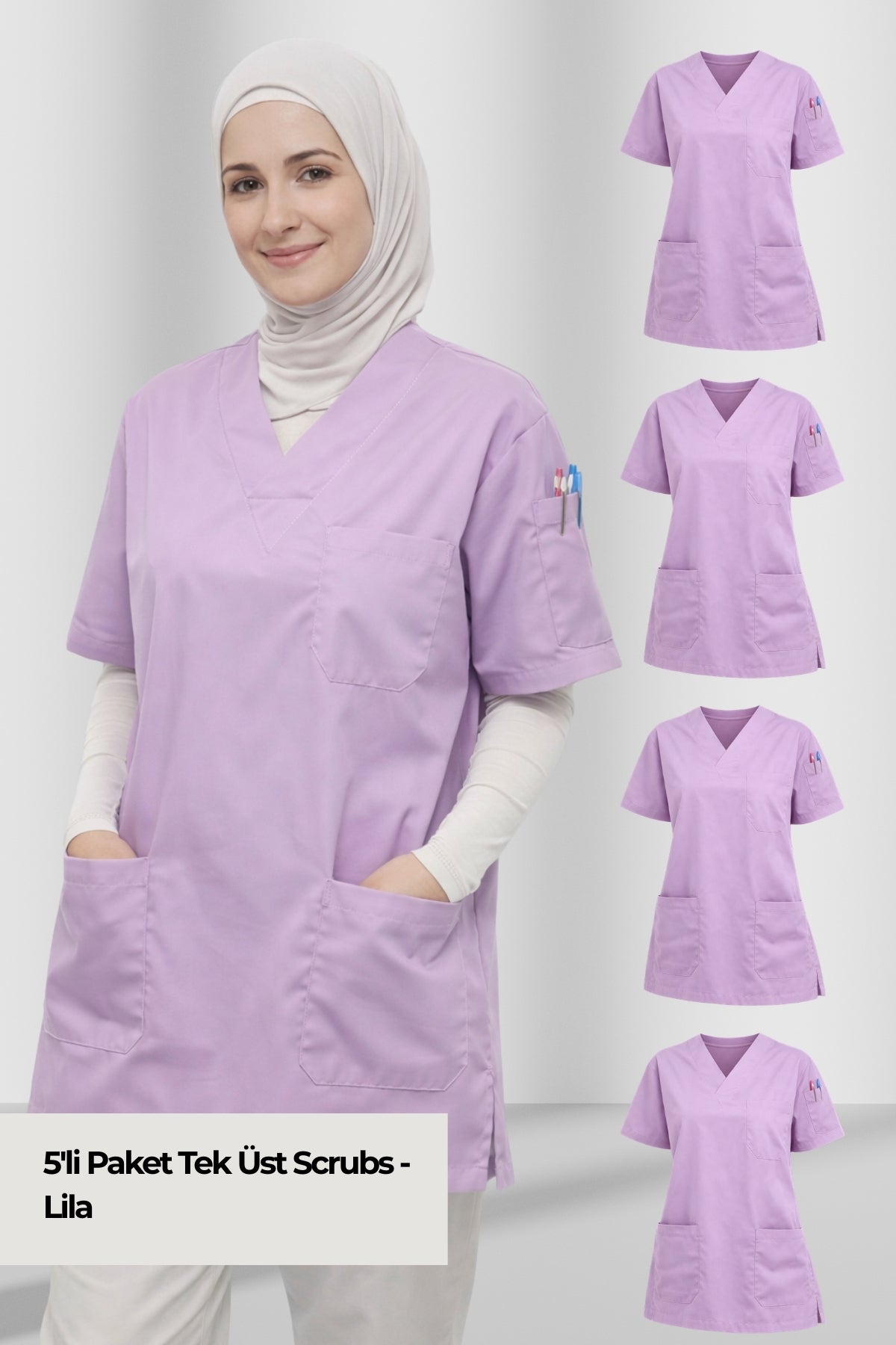 Kadın Scrubs Üst Forma Seti 5’li Paket | 4 Cepli Medikal Üst | Rahat ve Dayanıklı