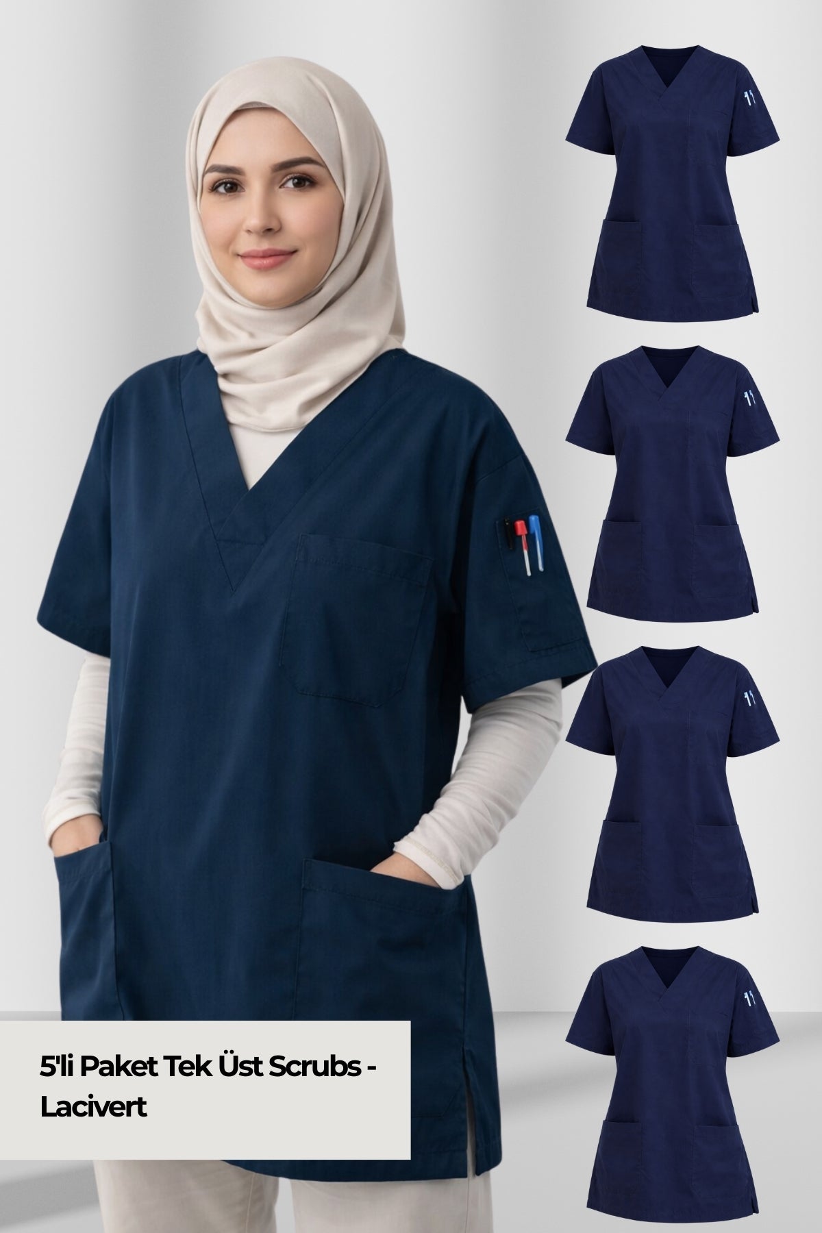 Kadın Scrubs Üst Forma Seti 5’li Paket | 4 Cepli Medikal Üst | Rahat ve Dayanıklı