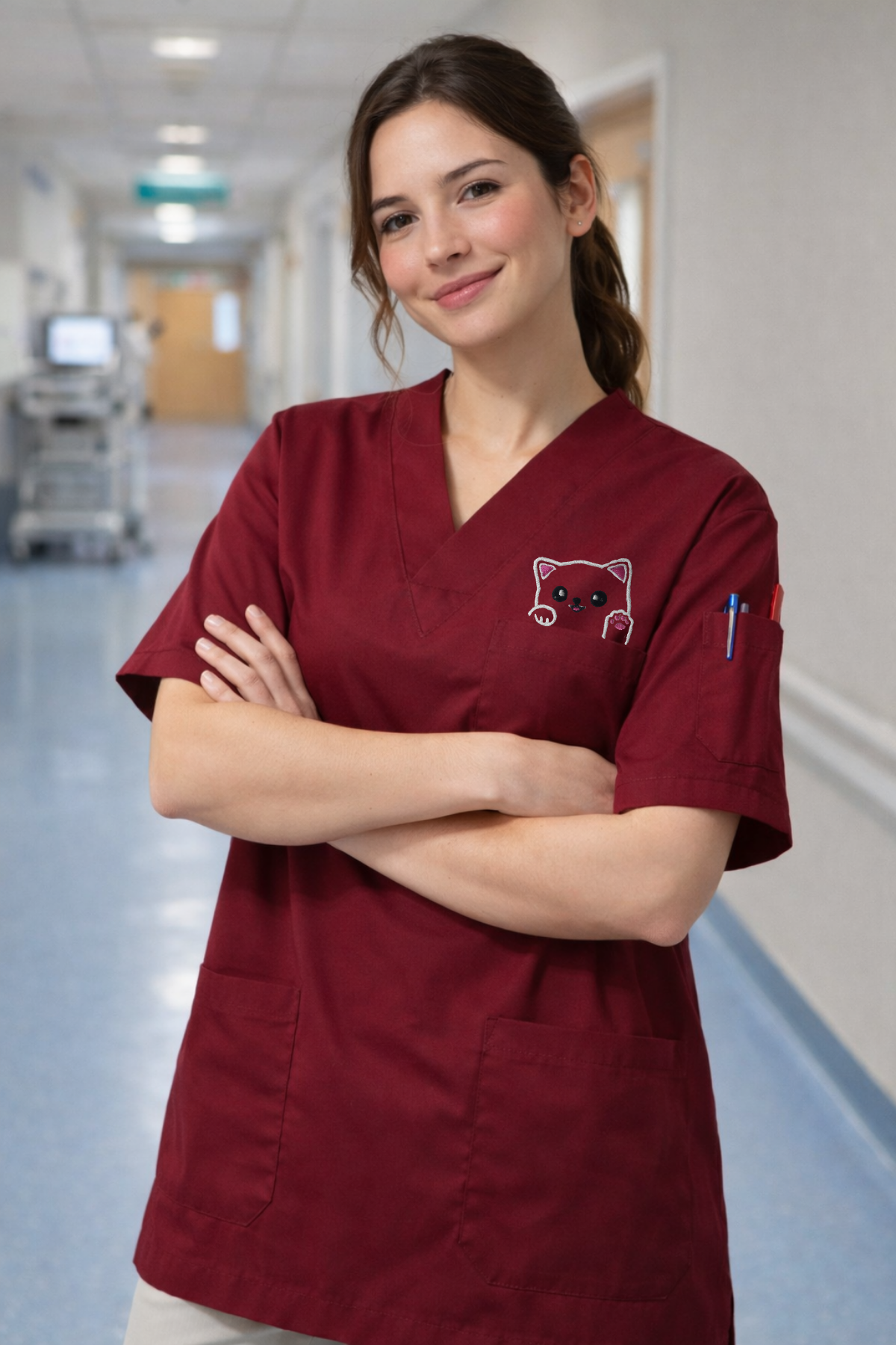 Pawline Premium Scrubs Forma Sevimli Kedi - Bordo