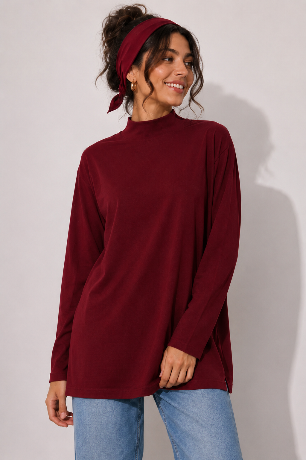 Bordo balıkçı yaka tunik önden görünüm