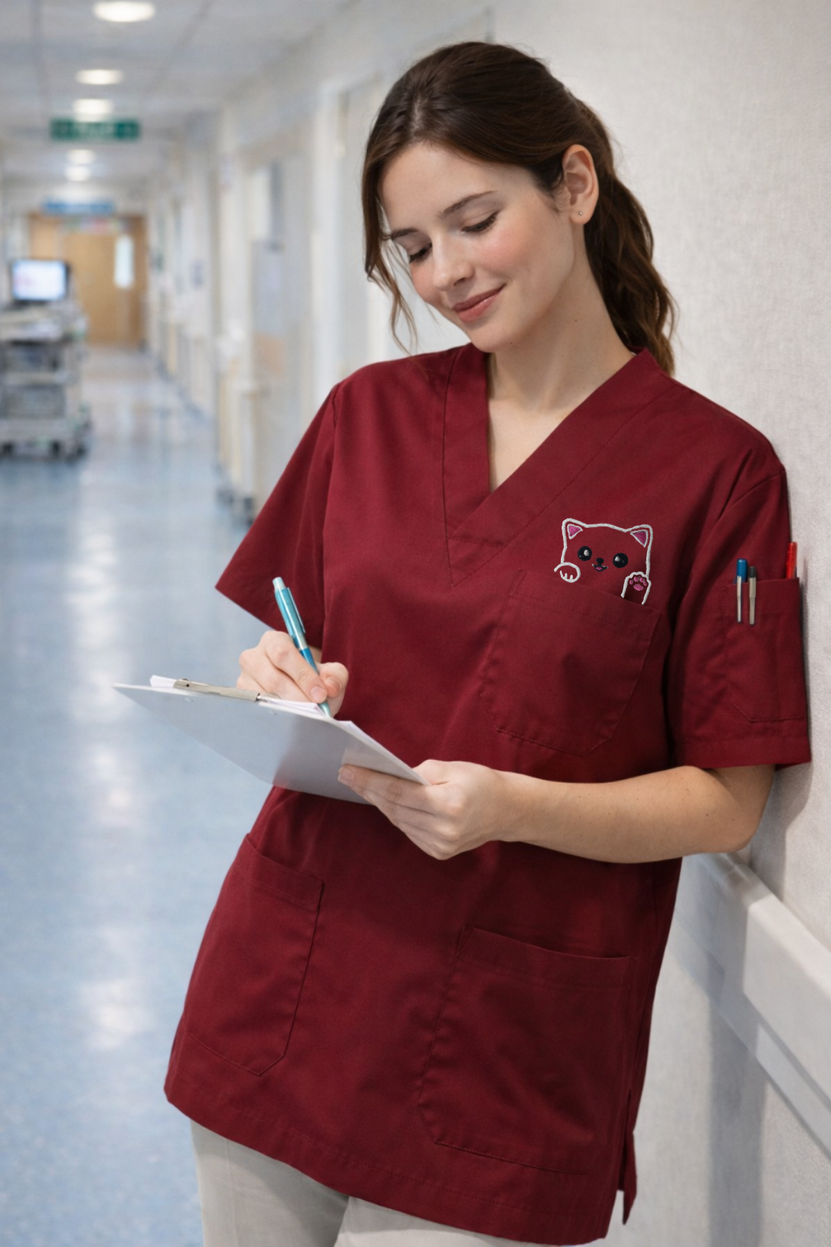 Pawline Premium Scrubs Forma Sevimli Kedi - Bordo