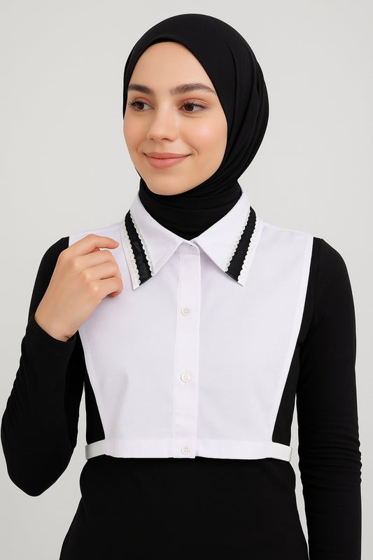 Lace and Leather Detail Shirt Collar - White