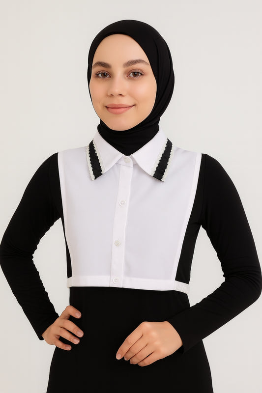 Lace and Leather Detail Shirt Collar - White