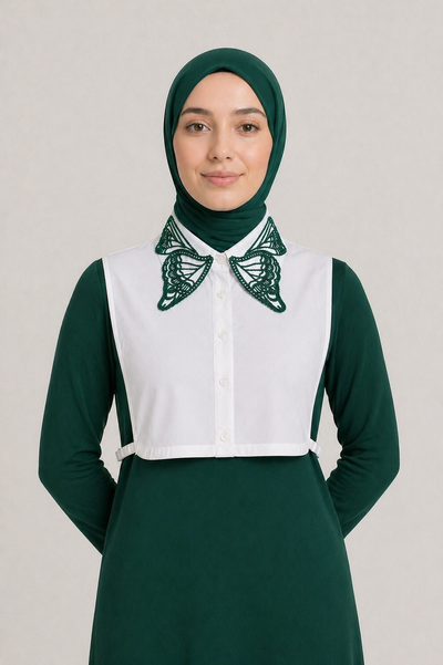 Zümrüt Yeşili Kelebek Nakışlı Sahte Yaka
