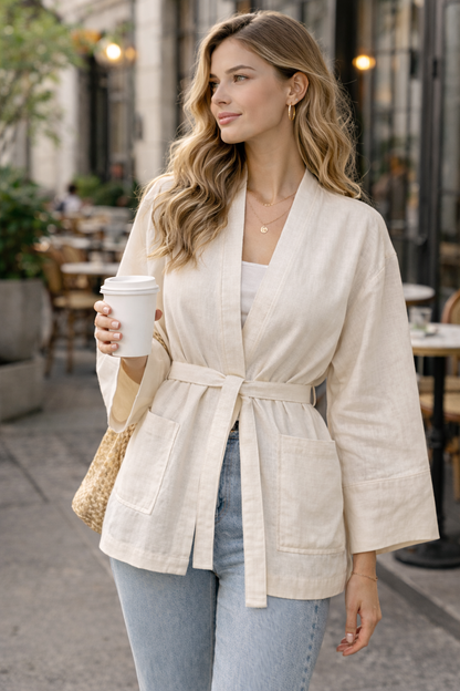 Raw Cotton Kimono Jacket - Cream