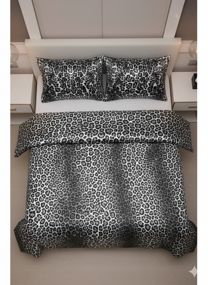 Leopar Desenli %100 Pamuk Saten Çift Kişilik Nevresim Takımı - Siyah Beyaz