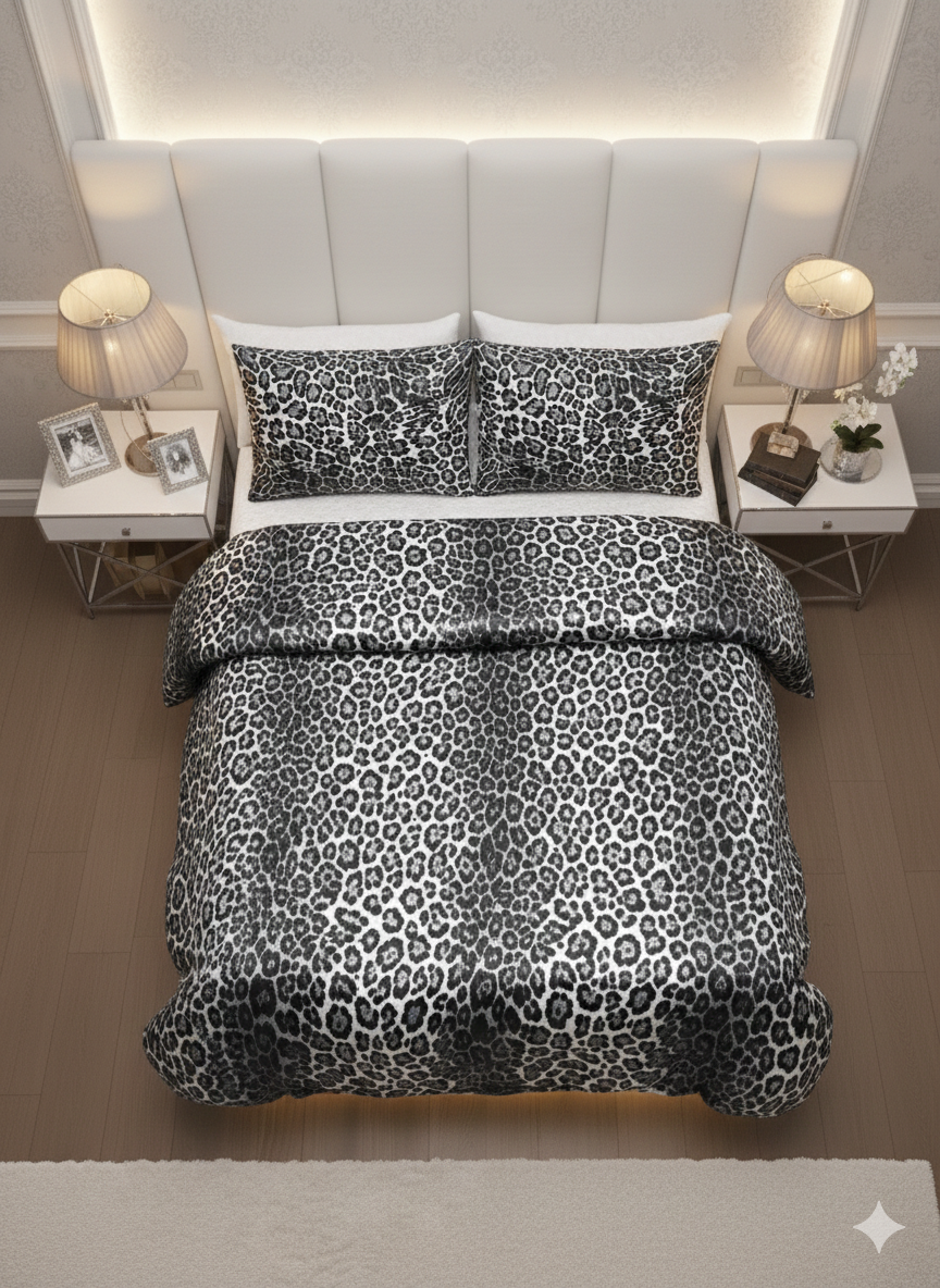 Leopar Desenli %100 Pamuk Saten Çift Kişilik Nevresim Takımı - Siyah Beyaz