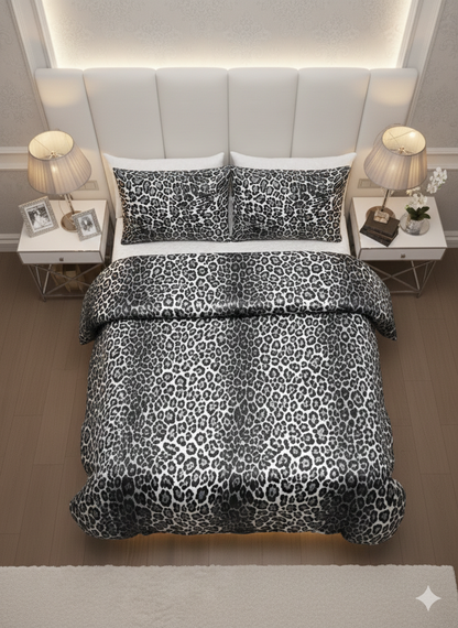 Leopar Desenli %100 Pamuk Saten Çift Kişilik Nevresim Takımı - Siyah Beyaz