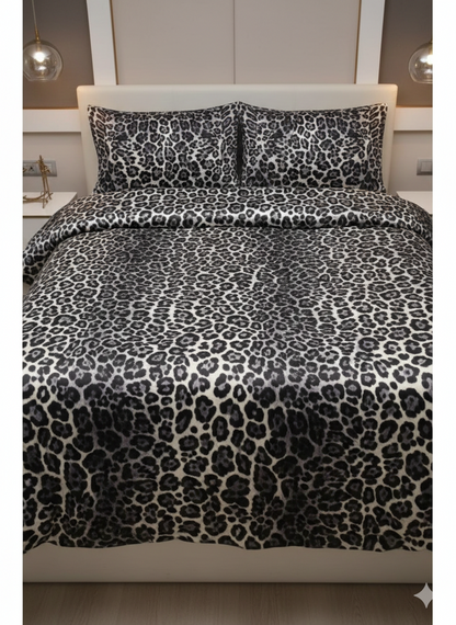 Leopar Desenli %100 Pamuk Saten Çift Kişilik Nevresim Takımı - Siyah Beyaz
