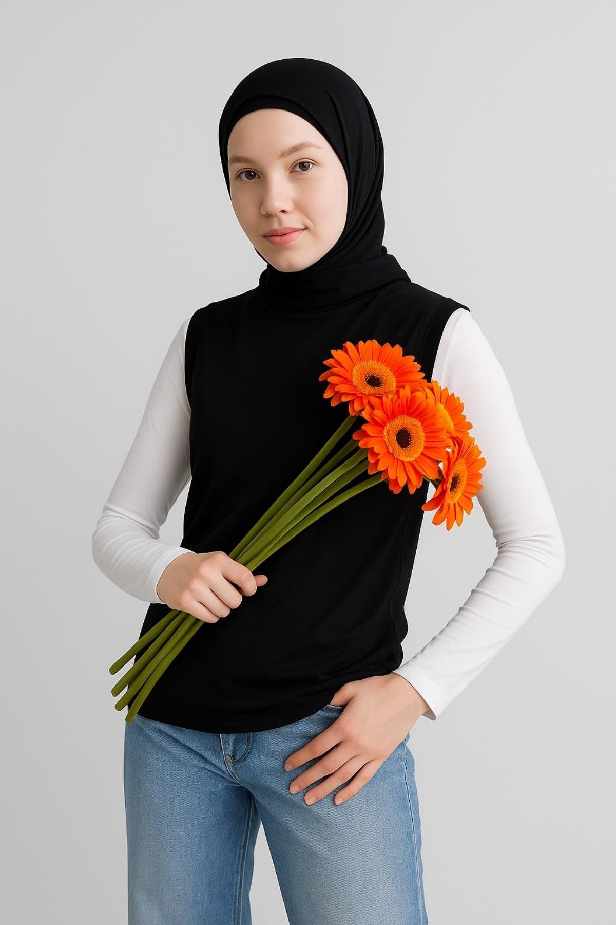 Kadın siyah kolsuz içlik tunik rahat kesim penye içlik tasarımı