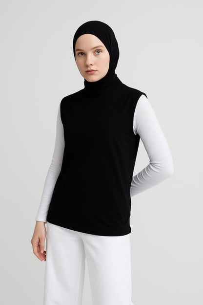 Balıkçı Yaka Kolsuz Atlet Bluz - Siyah