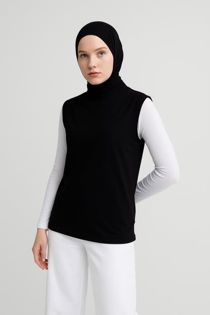 Balıkçı Yaka Kolsuz Atlet Bluz - Siyah