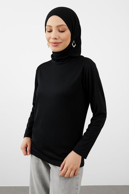 Balıkçı Yaka Uzun Kol Bluz - Siyah