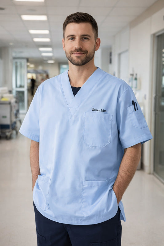 Kişiye Özel İsimli Erkek Tek Üst 4 Cepli Scrubs Forma - Mavi