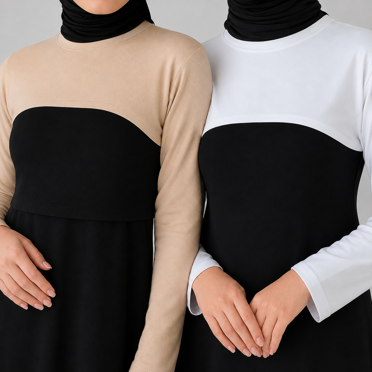 2'li paket bej ve beyaz penye boyunluklu tesettür kolluk yaka detay