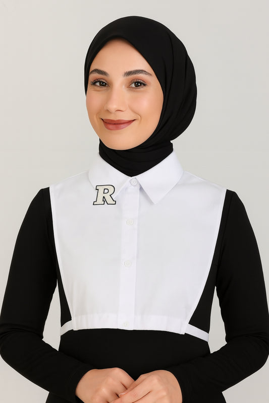 Beige R Letter Detailed Shirt Collar - White 