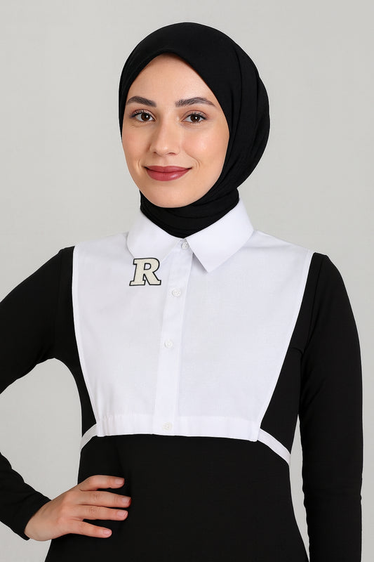 Beige R Letter Detailed Shirt Collar - White 