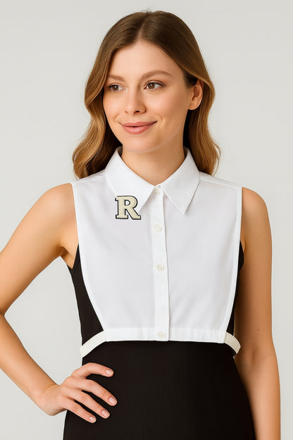 Beige R Letter Detailed Shirt Collar - White 