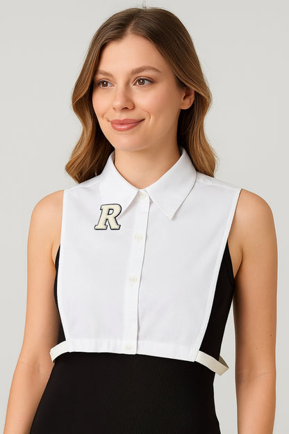 Beige R Letter Detailed Shirt Collar - White 
