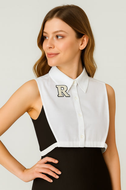Beige R Letter Detailed Shirt Collar - White 