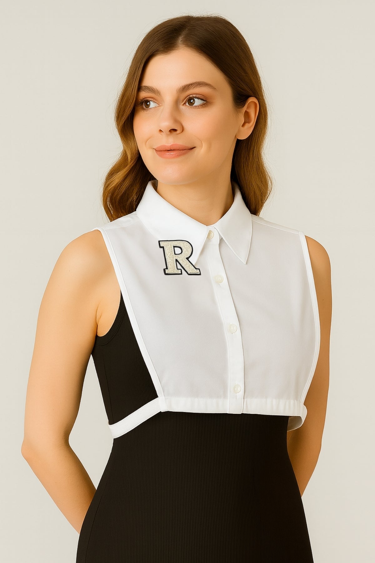 Beige R Letter Detailed Shirt Collar - White 