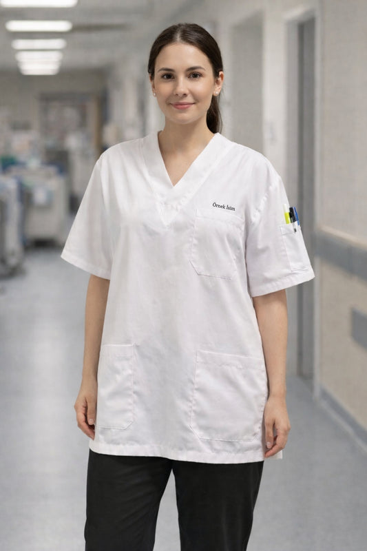 Kişiye Özel İsimli Tek Üst 4 Cepli Scrubs Forma - Beyaz