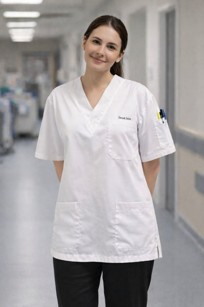 Kişiye Özel İsimli Tek Üst 4 Cepli Scrubs Forma - Beyaz