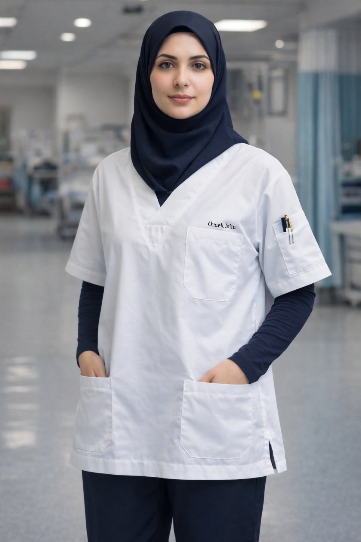Kişiye Özel İsimli Tek Üst 4 Cepli Scrubs Forma - Beyaz
