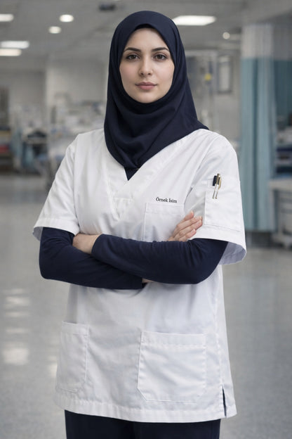 Kişiye Özel İsimli Tek Üst 4 Cepli Scrubs Forma - Beyaz