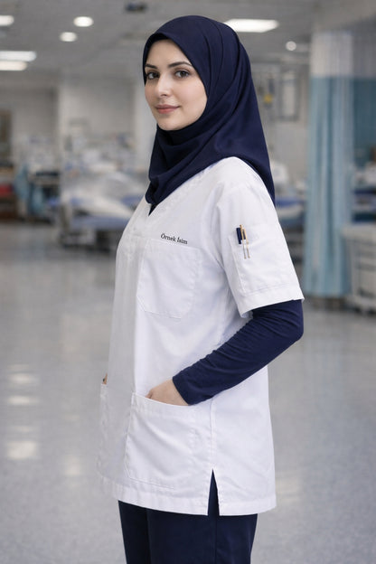 Kişiye Özel İsimli Tek Üst 4 Cepli Scrubs Forma - Beyaz