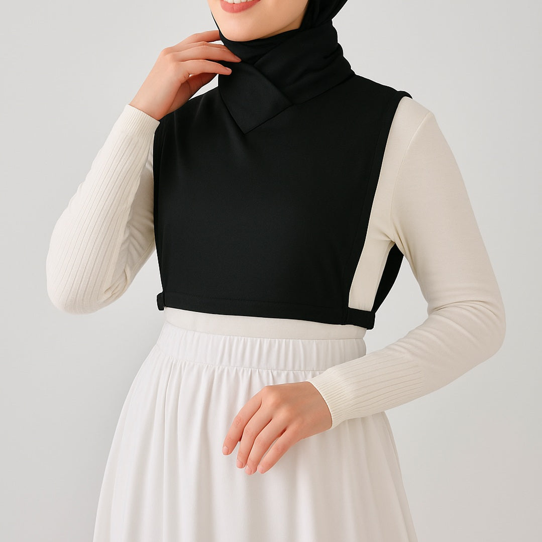 boyunluklu kolluk tesettür giyim beyaz üst siyah elbise kombin