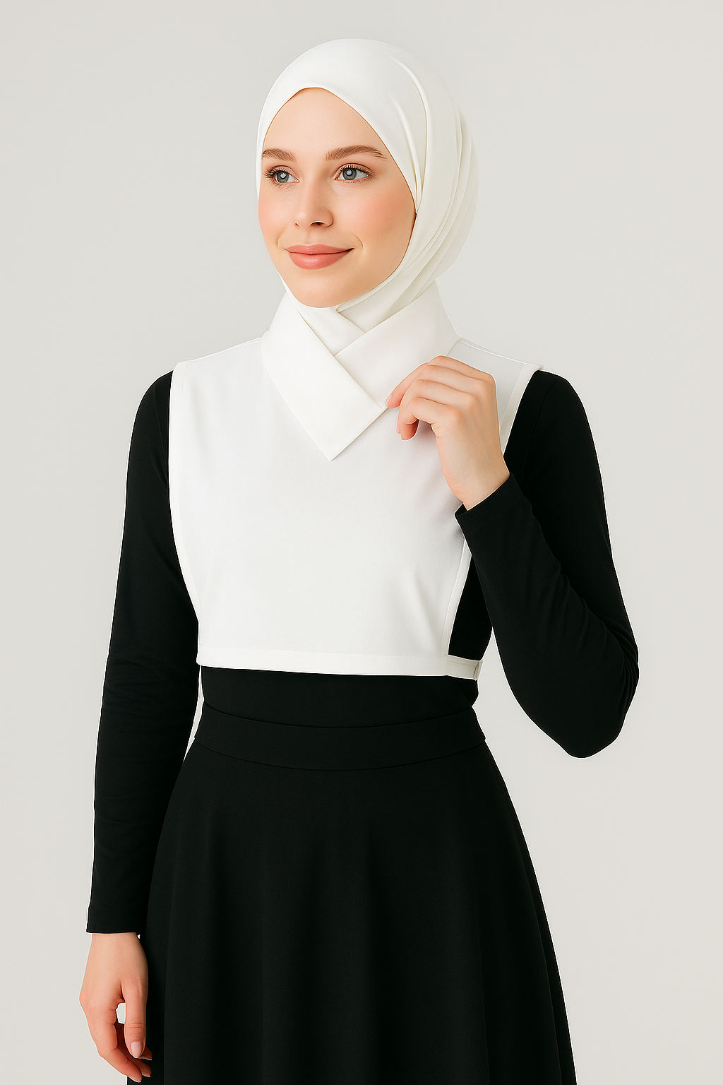 Beyaz tesettür boyunluk ve kolluk kombinli kadın giyim ürünü