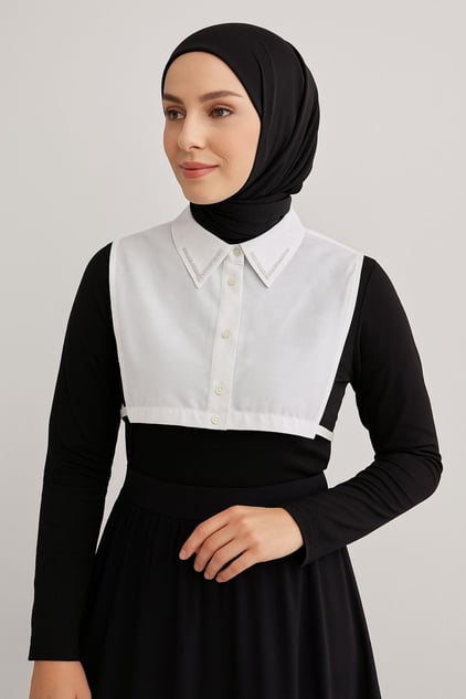 Çift Sıra Taşlı Gömlek Yaka - Beyaz