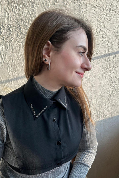 Çift Sıra Taşlı Gömlek Yaka - Siyah