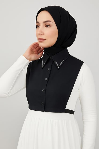 Çift Sıra Taşlı Gömlek Yaka - Siyah