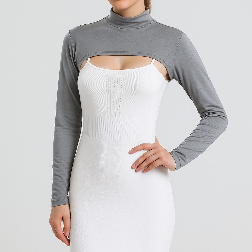 Siyah kolluk ve gri boyunluk kombinli tesettür üst giyim