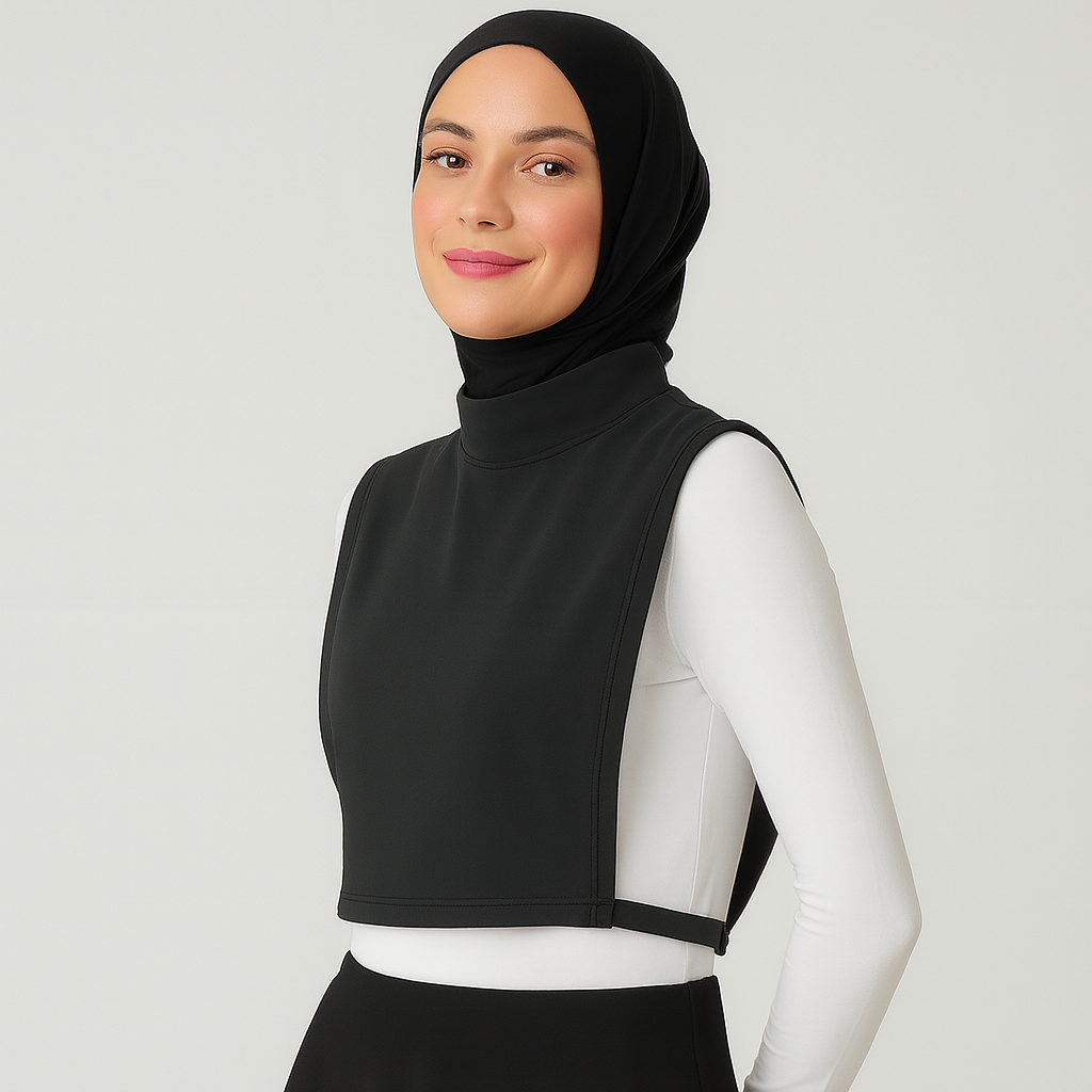 Siyah tesettür boyunluk ve kolluk kombinli modern kadın görünümü