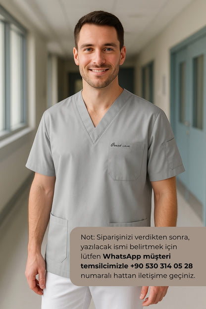 Kişiye Özel İsimli Erkek Tek Üst 4 Cepli Scrubs Forma - Gri