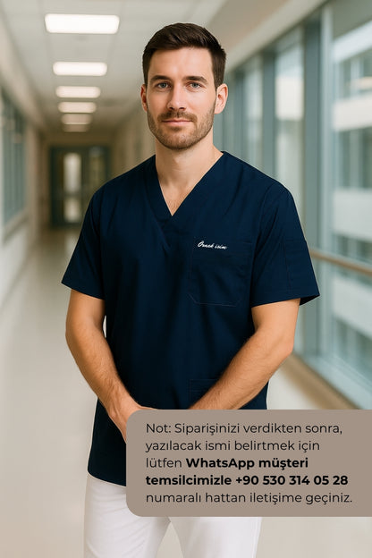 Kişiye Özel İsimli Erkek Tek Üst 4 Cepli Scrubs Forma - Lacivert