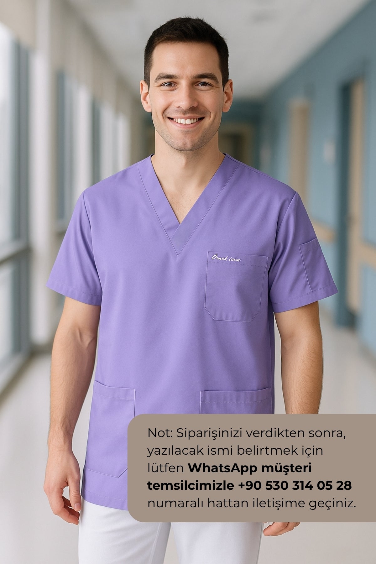 Kişiye Özel İsimli Erkek Tek Üst 4 Cepli Scrubs Forma - Lila