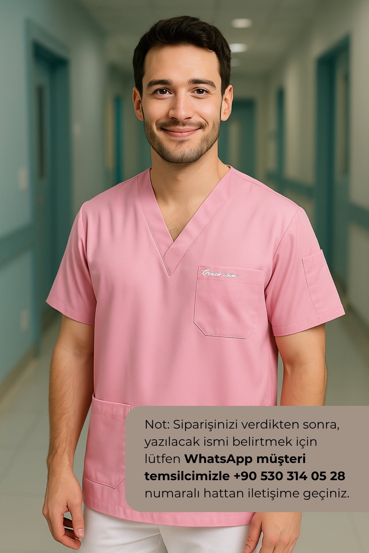 Kişiye Özel İsimli Erkek Tek Üst 4 Cepli Scrubs Forma - Pembe