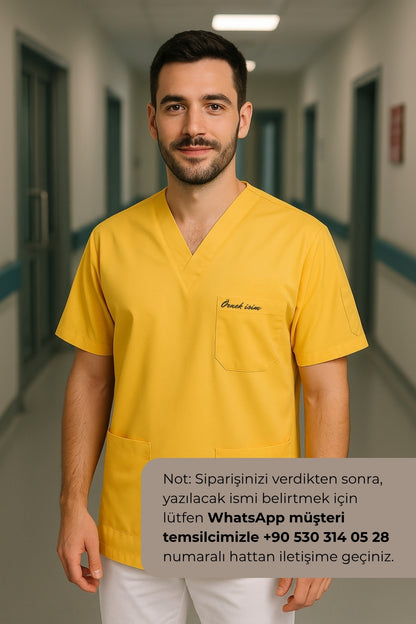 Kişiye Özel İsimli Erkek Tek Üst 4 Cepli Scrubs Forma - Sarı