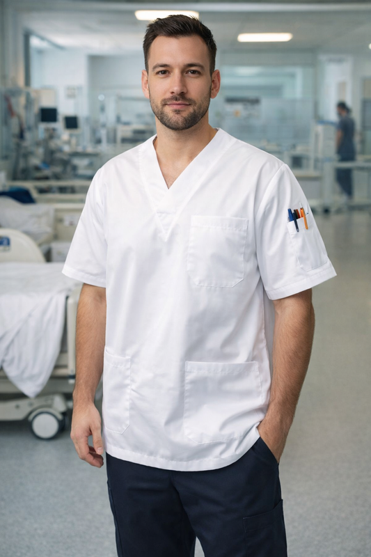 Tek Üst 4 Cepli Erkek Scrubs Forma - Beyaz