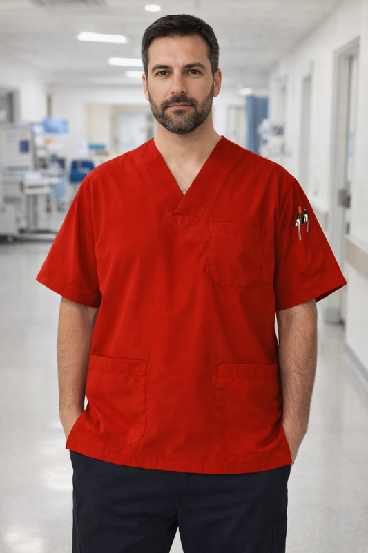 Tek Üst 4 Cepli Erkek Scrubs Forma - Kırmızı