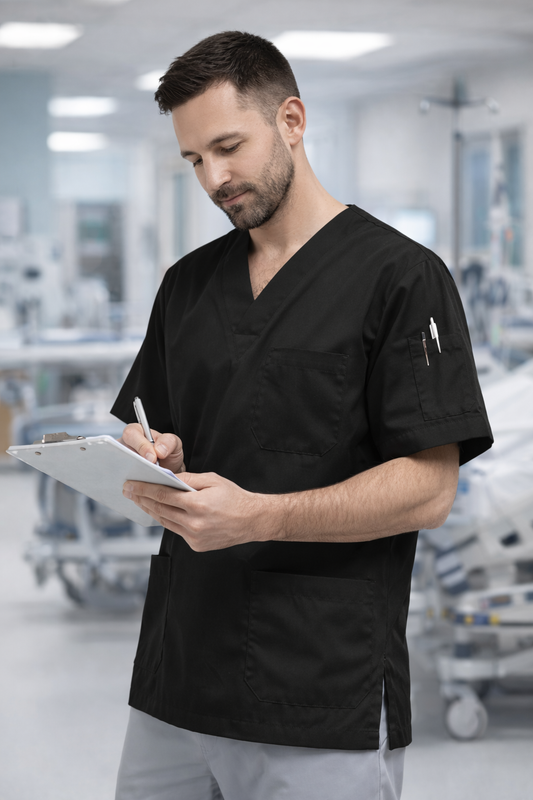 Tek Üst 4 Cepli Erkek Scrubs Forma - Siyah