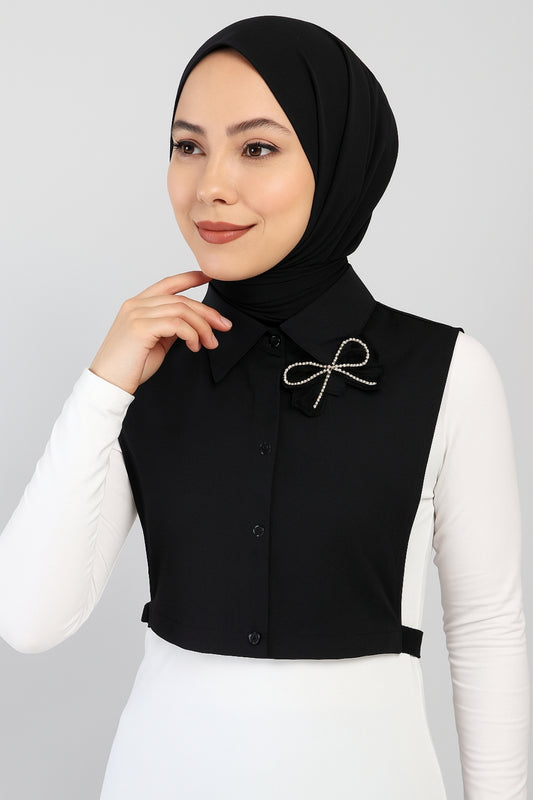 Shirt Collar with Stoned Bow Brooch - Black 